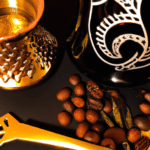 fotografia sobre los accesorios preparar cafe turco en casa para portada de una categoria en una pagina web sobre cafe y cafe expresso y utiliza mucho el color oro b89634 y en menor medida el color