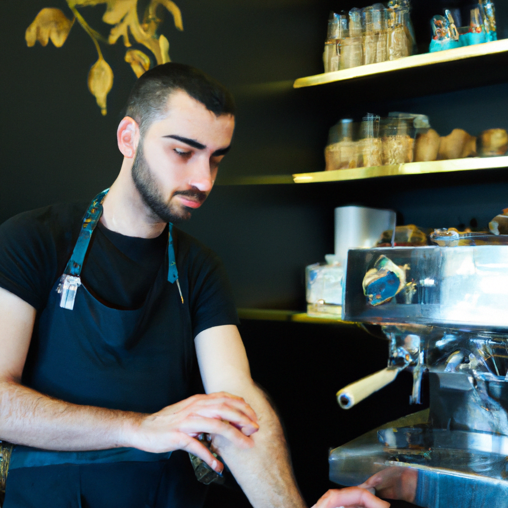 fotografia sobre los baristas famosos que han trabajado en las mejores cafeterias de espana para portada de una categoria en una pagina web sobre cafe y cafe expresso y utiliza mucho el color oro b8