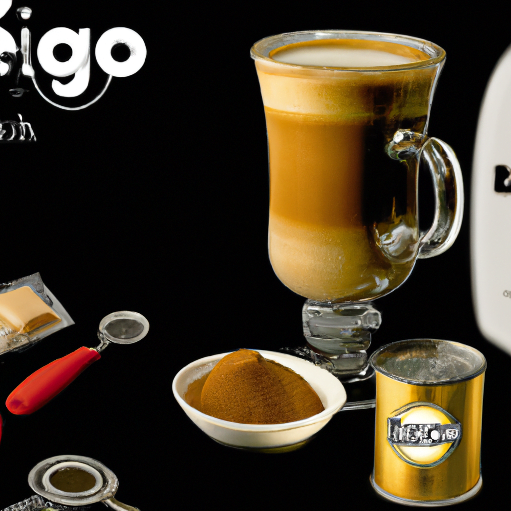 fotografia sobre los complementos para tu cafe latte para portada de una categoria en una pagina web sobre cafe y cafe expresso y utiliza mucho el color oro b89634 y en menor medida el color black