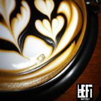fotografia sobre los secretos detras de los dibujos de arte latte mas populares para portada de una categoria en una pagina web sobre cafe y cafe expresso y utiliza mucho el color oro b89634 y en m