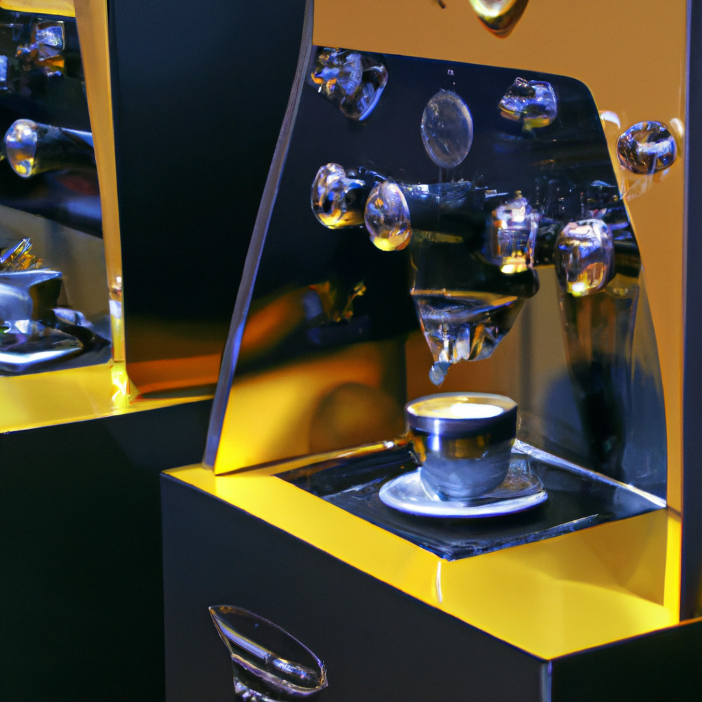 fotografia sobre maquinas de cafe expresso unicas en las exposiciones de espana para portada de una categoria en una pagina web sobre cafe y cafe expresso y utiliza mucho el color oro b89634 y en m