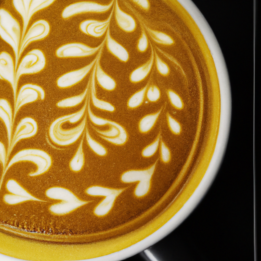 fotografia sobre patrones de arte latte inspirados en la naturaleza para portada de una categoria en una pagina web sobre cafe y cafe expresso y utiliza mucho el color oro b89634 y en menor medida