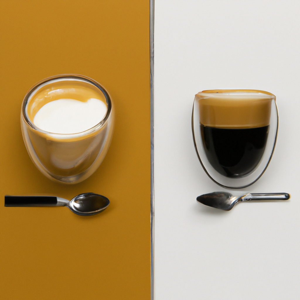 fotografia sobre que diferencia hay entre un cafe macchiato y un cortado para portada de una categoria en una pagina web sobre cafe y cafe expresso y utiliza mucho el color oro b89634 y en m