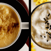 fotografia sobre un cappuccino y un latte para portada de una categoria en una pagina web sobre cafe y cafe expresso y utiliza mucho el color oro b89634 y en menor medida el color black 000000 y