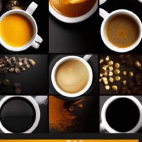 fotografia sobre variedades de cafe expresso para maridar con pescados para portada de una categoria en una pagina web sobre cafe y cafe expresso y utiliza mucho el color oro b89634 y en menor medi
