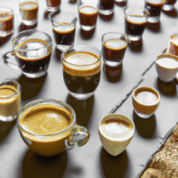 fotografia sobre variedades de cafe expresso para maridar con postres para portada de una categoria en una pagina web sobre cafe y cafe expresso y utiliza mucho el color oro b89634 y en menor medid